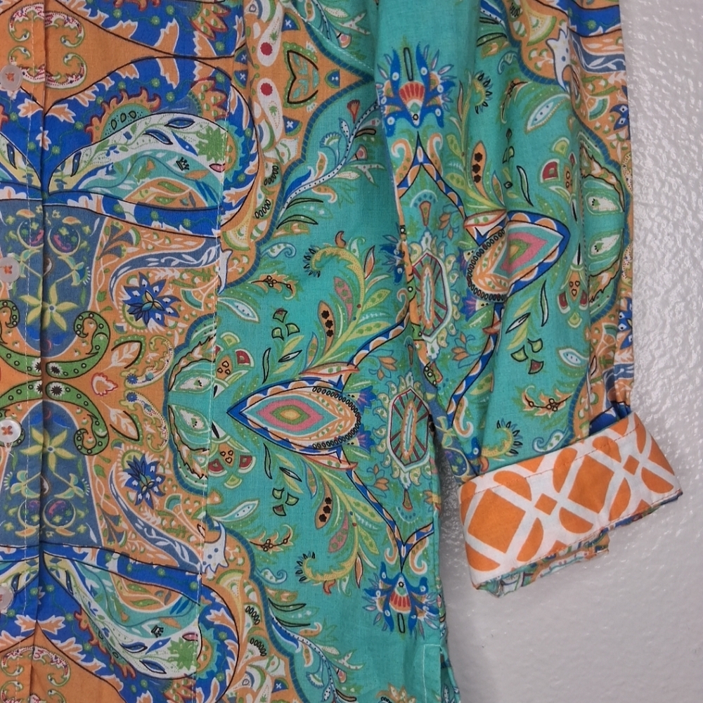 Tizzie Long Sleeve Button Up Blouse Preppy Paisley Bright Colorful Cotton Size S - Picture 4 of 16